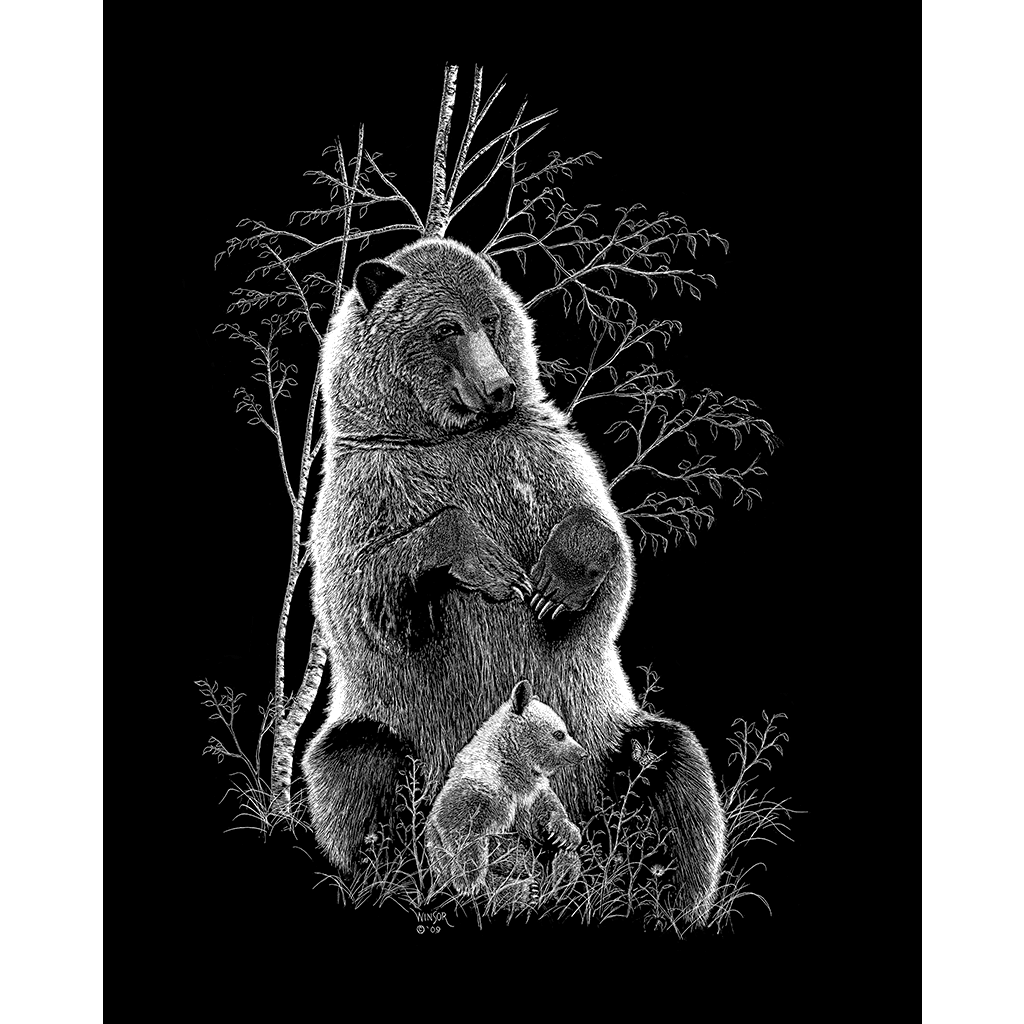 GRIZZLY BEAR WITH CUB - Scratchboard Art Print – WriteCraft Fine Art ...
